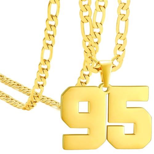 OAKKY Herren Edelstahl Athleten Nummer 00-99 Halsketten Sport Anhänger Kette Baseball/Basketball/Fußball Team Inspiration Schmuck Gold Nummer 95 von OAKKY
