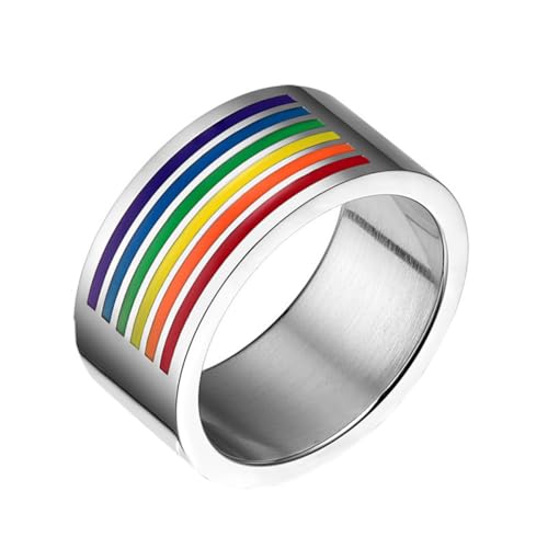 OAKKY Herren Edelstahl Emaille Regenbogen Flagge Lgbt Schwul Lesben Pride Siegel Ring Cool Gestreift 10MM Buntes Fingerband Silber Größe 54 (17.2) von OAKKY
