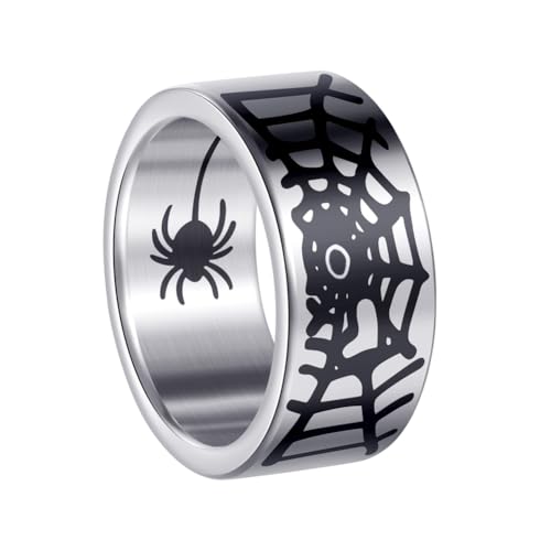 OAKKY Herren Edelstahl Gothic Spinne Fledermaus Web Wide Statement Ring Hip Hop Plain Plated Biker Fingerband Silber Größe 68 (21.6) von OAKKY