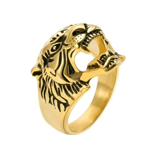 OAKKY Herren Edelstahl Jahrgang Herrschsüchtiger Tiger Kopf Tier Ring Punk Biker Schmuck Gold Größe 60 (19.1) von OAKKY