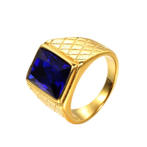 OAKKY Herren Edelstahl Jahrgang Punk Ring mit quadratischen Blau Steinen Graviertes Rauten Eherband Gold Größe 62 (19.7) von OAKKY