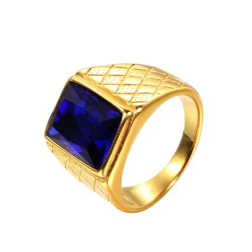 OAKKY Herren Edelstahl Jahrgang Punk Ring mit quadratischen Blau Steinen Graviertes Rauten Eherband Gold Größe 70 (22.3) von OAKKY