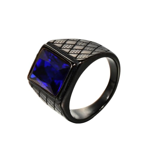 OAKKY Herren Edelstahl Jahrgang Punk Ring mit quadratischen Blau Steinen Graviertes Rauten Eherband Schwarz Größe 54 (17.2) von OAKKY