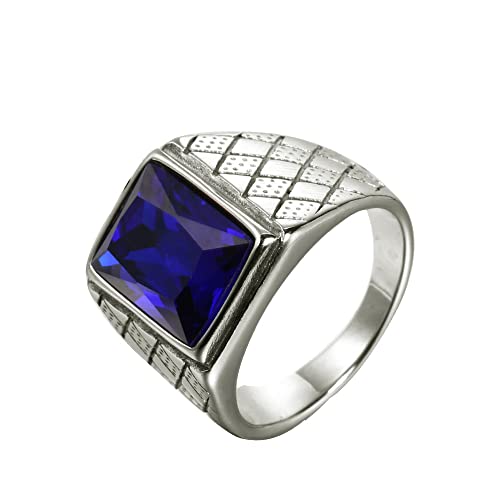 OAKKY Herren Edelstahl Jahrgang Punk Ring mit quadratischen Blau Steinen Graviertes Rauten Eherband Silber Größe 54 (17.2) von OAKKY