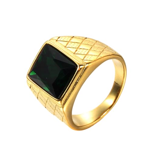 OAKKY Herren Edelstahl Jahrgang Punk Ring mit quadratischen Grün Steinen Graviertes Rauten Eherband Gold Größe 65 (20.7) von OAKKY