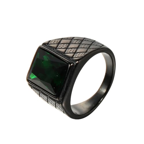 OAKKY Herren Edelstahl Jahrgang Punk Ring mit quadratischen Grün Steinen Graviertes Rauten Eherband Schwarz Größe 54 (17.2) von OAKKY