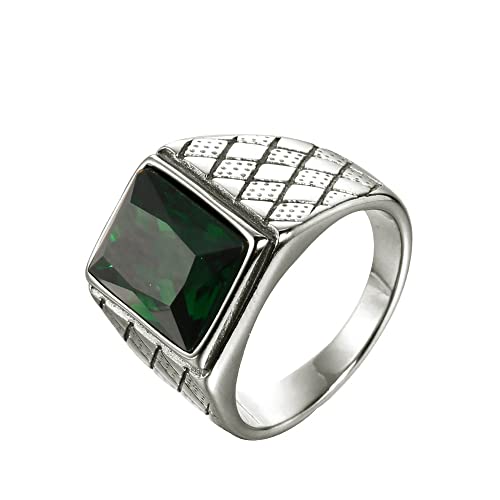 OAKKY Herren Edelstahl Jahrgang Punk Ring mit quadratischen Grün Steinen Graviertes Rauten Eherband Silber Größe 68 (21.6) von OAKKY