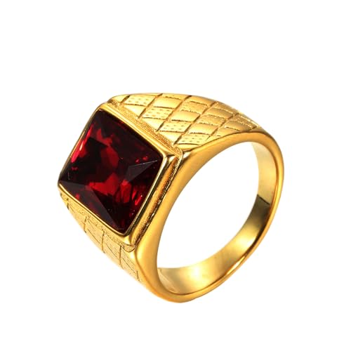 OAKKY Herren Edelstahl Jahrgang Punk Ring mit quadratischen Rot Steinen Graviertes Rauten Eherband Gold Größe 68 (21.6) von OAKKY