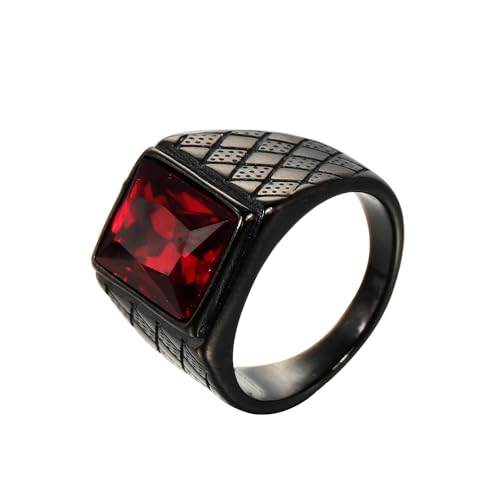 OAKKY Herren Edelstahl Jahrgang Punk Ring mit quadratischen Rot Steinen Graviertes Rauten Eherband Schwarz Größe 62 (19.7) von OAKKY
