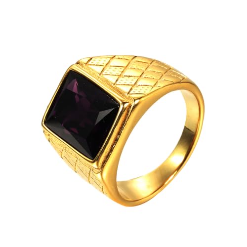 OAKKY Herren Edelstahl Jahrgang Punk Ring mit quadratischen Violett Steinen Graviertes Rauten Eherband Gold Größe 60 (19.1) von OAKKY