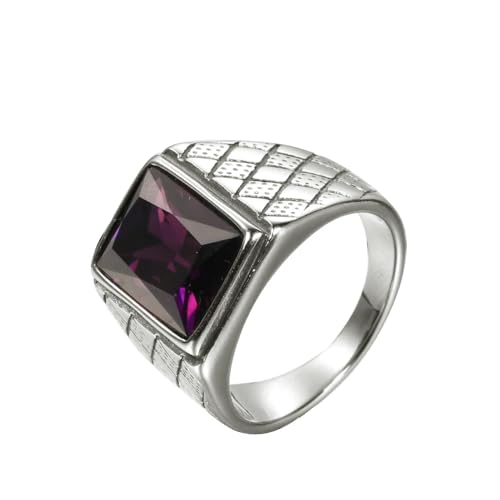 OAKKY Herren Edelstahl Jahrgang Punk Ring mit quadratischen Violett Steinen Graviertes Rauten Eherband Silber Größe 62 (19.7) von OAKKY