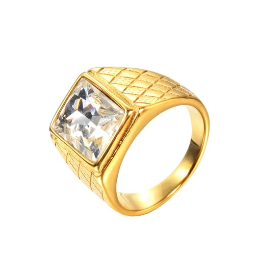 OAKKY Herren Edelstahl Jahrgang Punk Ring mit quadratischen Weiß Steinen Graviertes Rauten Eherband Gold Größe 54 (17.2) von OAKKY