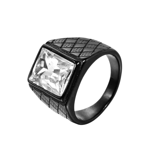 OAKKY Herren Edelstahl Jahrgang Punk Ring mit quadratischen Weiß Steinen Graviertes Rauten Eherband Schwarz Größe 54 (17.2) von OAKKY