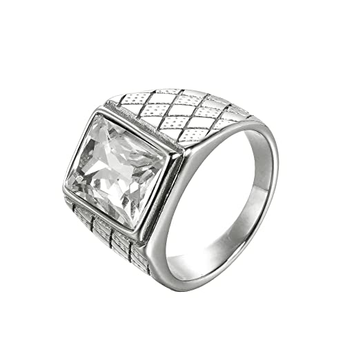 OAKKY Herren Edelstahl Jahrgang Punk Ring mit quadratischen Weiß Steinen Graviertes Rauten Eherband Silber Größe 68 (21.6) von OAKKY