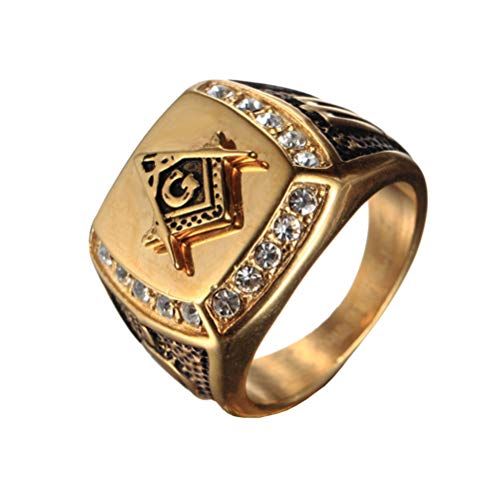 OAKKY Herren Edelstahl Masonic Freimaurer Ring mit Diamanten Biker Symbol Mitglied Band, Gold Schwarz Größe 60 (19.1) von OAKKY