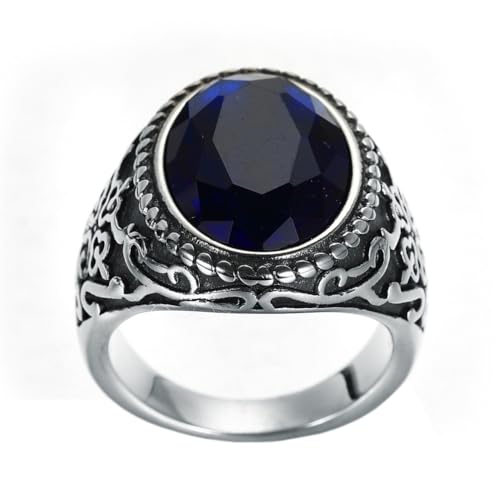 OAKKY Herren Edelstahl Oval Edelstein Ring Blumen Graviert Klassisch Retro Hip Hop Rock Schmuck Silber Blau Größe 57 (18.1) von OAKKY