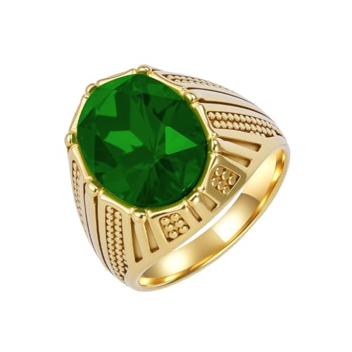 OAKKY Herren Edelstahl Oval Mehrfarbig Edelstein Ring Geometrisch Graviert Klassisch Retro Hip Hop Rock Schmuck Gold Grün Größe 54 (17.2) von OAKKY