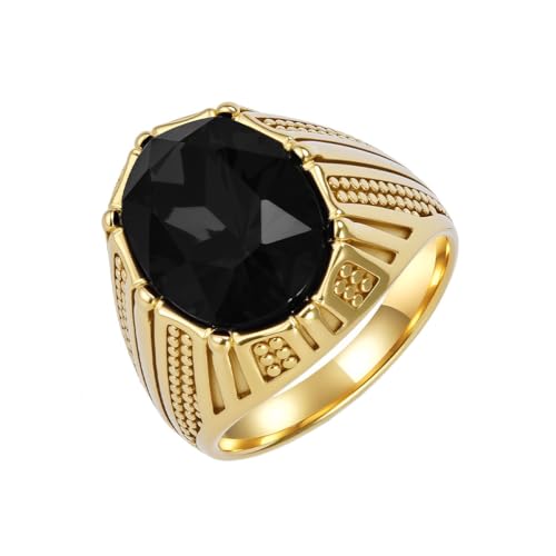 OAKKY Herren Edelstahl Oval Mehrfarbig Edelstein Ring Geometrisch Graviert Klassisch Retro Hip Hop Rock Schmuck Gold Schwarz Größe 65 (20.7) von OAKKY