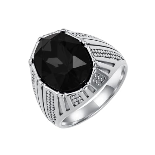 OAKKY Herren Edelstahl Oval Mehrfarbig Edelstein Ring Geometrisch Graviert Klassisch Retro Hip Hop Rock Schmuck Silber Schwarz Größe 70 (22.3) von OAKKY