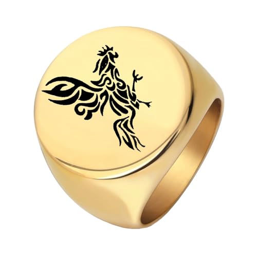 OAKKY Herren Edelstahl Punk Sternzeichen Hahn plattiert glänzend Siegel Ringe Gothic Titan Biker Chunky Band Gold Größe 68(21.6) von OAKKY