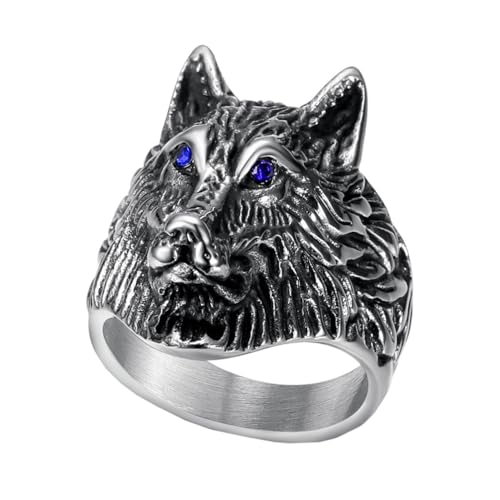 OAKKY Herren Edelstahl Punk Zirkonia Auge Wolf Kopf Biker Gravur Ring Gothic Titan Tierband Blau Größe 75 (23.9) von OAKKY