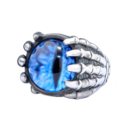 OAKKY Herren Edelstahl Retro Personalisierte Totenkopf Blau Augen Kugel Ringe Punk Biker Schmuck Silber Größe 52 (16.6) von OAKKY