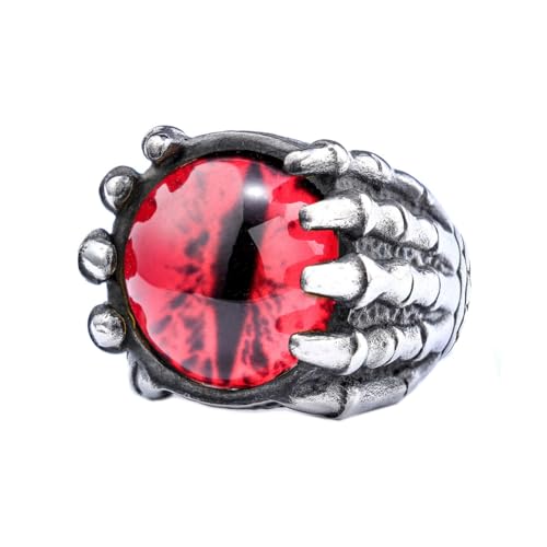 OAKKY Herren Edelstahl Retro Personalisierte Totenkopf Rote Augen Kugel Ringe Punk Biker Schmuck Silber Größe 52 (16.6) von OAKKY