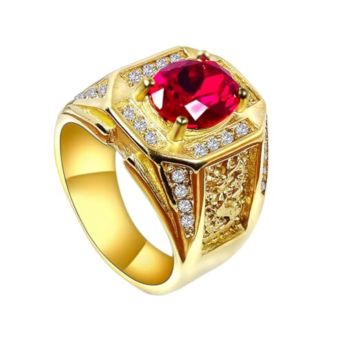 OAKKY Herren Edelstahl Rund Mehrfarbig Edelstein Ring Umfang Sticky Zirkonia Vintage Klassisch Chinesisch Gold Drache Schmuck Rot Größe 62 (19.7) von OAKKY