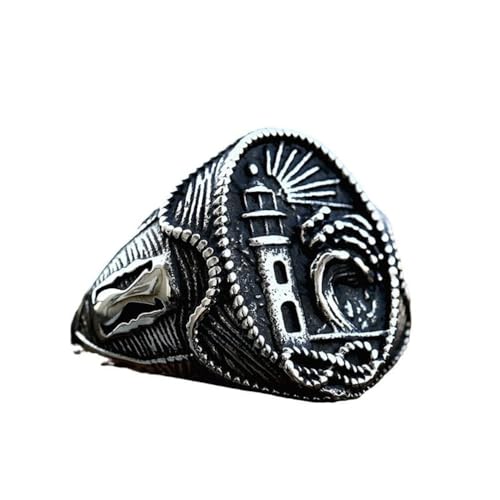 OAKKY Herren Edelstahl Silber Graviert Leuchtturm Ring Vintage Klassisch Punk Gothic Schmuck Größe 62 (19.7) von OAKKY