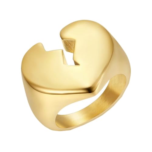 OAKKY Herren Edelstahl Split Lightning Broken Heart Dome Chunky Ring Punk Polierter Motorradfahrer Fingerband Gold Größe 54 (17.2) von OAKKY