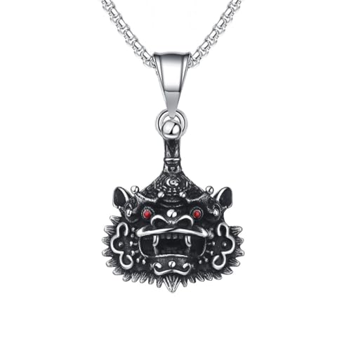 OAKKY Herren Edelstahl Vintage Dominant Gravur Chinesisch Qilin Halskette Tiger Löwe Wächter-Bestien Amulett Schmuck von OAKKY
