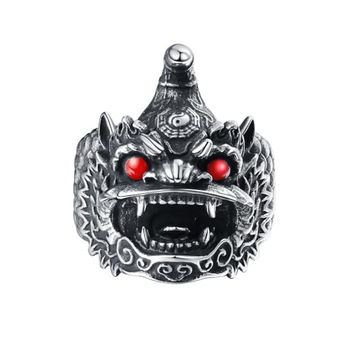 OAKKY Herren Edelstahl Vintage Dominant Gravur Chinesisch Qilin Ring Tiger Löwe Wächter-Bestien Amulett Schmuck Größe 65 (20.7) von OAKKY