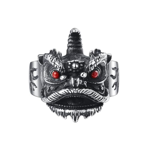 OAKKY Herren Edelstahl Vintage Gravur Chinesisch Qilin Ring Tiger Löwe Wächter-Bestien Amulett Halloween Ostern Schmuck Größe 62 (19.7) von OAKKY