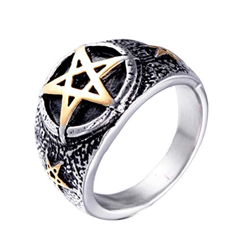 OAKKY Herren Edelstahl Weinlese Pentagramm Ringe Silber Gold Schwarz Überzogen Pentacle Band Gotisch Biker Punk Rock Größe 57 (18.1) von OAKKY