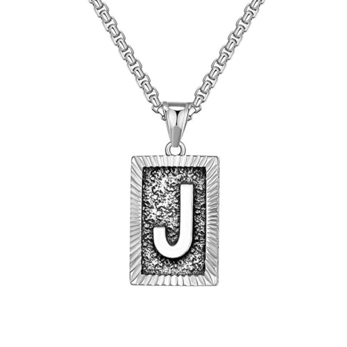 OAKKY Herren Edelstahl Zierlich Silber Quadrat Kreuz Initialen A-Z Alphabet Halskette Klassisch Trendig Pullover-Kettenanhänger Hip-Hop Schmuck Geschenk Buchstabe J von OAKKY