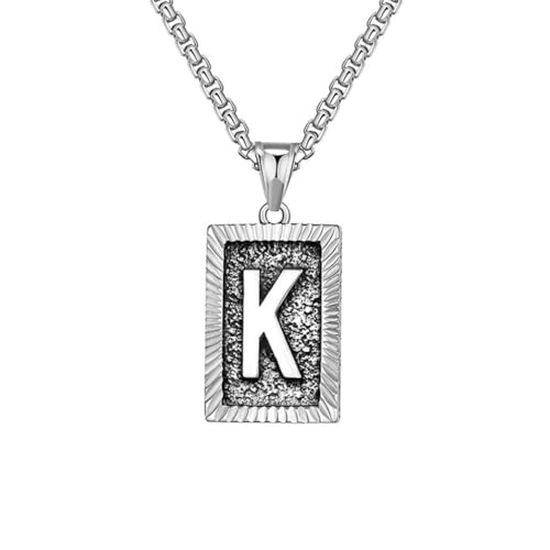 OAKKY Herren Edelstahl Zierlich Silber Quadrat Kreuz Initialen A-Z Alphabet Halskette Klassisch Trendig Pullover-Kettenanhänger Hip-Hop Schmuck Geschenk Buchstabe K von OAKKY
