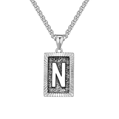 OAKKY Herren Edelstahl Zierlich Silber Quadrat Kreuz Initialen A-Z Alphabet Halskette Klassisch Trendig Pullover-Kettenanhänger Hip-Hop Schmuck Geschenk Buchstabe N von OAKKY