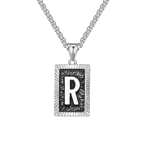 OAKKY Herren Edelstahl Zierlich Silber Quadrat Kreuz Initialen A-Z Alphabet Halskette Klassisch Trendig Pullover-Kettenanhänger Hip-Hop Schmuck Geschenk Buchstabe R von OAKKY