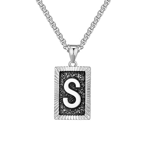 OAKKY Herren Edelstahl Zierlich Silber Quadrat Kreuz Initialen A-Z Alphabet Halskette Klassisch Trendig Pullover-Kettenanhänger Hip-Hop Schmuck Geschenk Buchstabe S von OAKKY