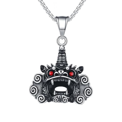 OAKKY Herren Edelstahl Zierlich Vintage Gravur Chinesisch Kirin Halskette Tiger Löwe Leibwächter-Bestie Amulett Halloween Schmuck von OAKKY