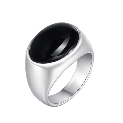 OAKKY Herren Einzigartige Klassisch Oval Schnitt Geometrische Ellipse Glatt Synthetisch Schwarz Onyx Edelstein Biker Ring Edelstahl Aussage Band Größe 54 (17.2) von OAKKY