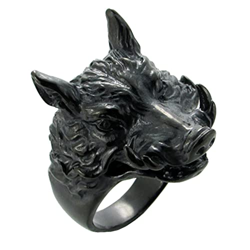 OAKKY Herren Heftig Stark Scharf Wildschwein Kopf Glücklich Ring Edelstahl Retro Gothic Punk Rock Band Unique Schwarz Überzogen Größe 62 (19.7) von OAKKY