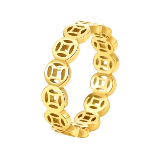 OAKKY Herren Hip Hop Ausgeschnitten Feng Shui Kupfermünzen Biker Ring Edelstahl Glück Reichtum Schatz Geld Ehering Gold Größe 57 (18.1) von OAKKY