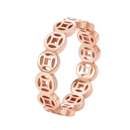 OAKKY Herren Hip Hop Ausgeschnitten Feng Shui Kupfermünzen Biker Ring Edelstahl Glück Reichtum Schatz Geld Ehering Roségold Größe 57 (18.1) von OAKKY
