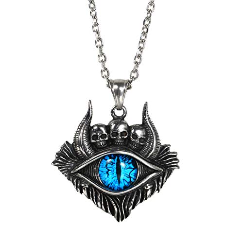OAKKY Herren Nicht-Mainstream Hip Hop Vintage Blau Böses Auge Gothic Dämon Schädel Kopf Ochsenhorn Anhänger Halskette Edelstahl mit Kette von OAKKY