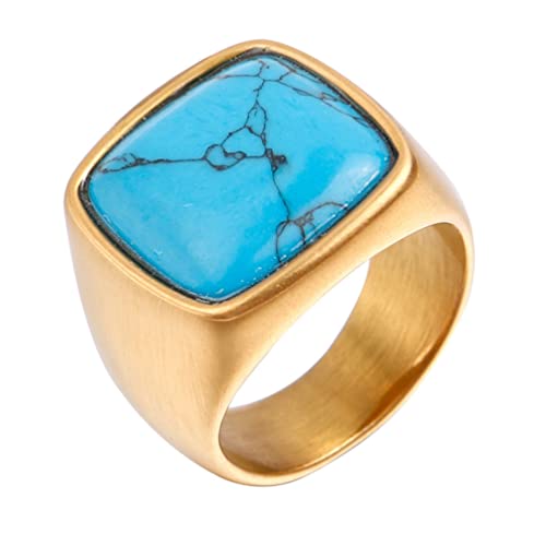 OAKKY Herren Persönlichkeit Vintage Kuppel Stil Quadrat Synthetik Türkis Edelstein Biker Ring Edelstahl Erklärung Ehering Gold Größe 60 (19.1) von OAKKY