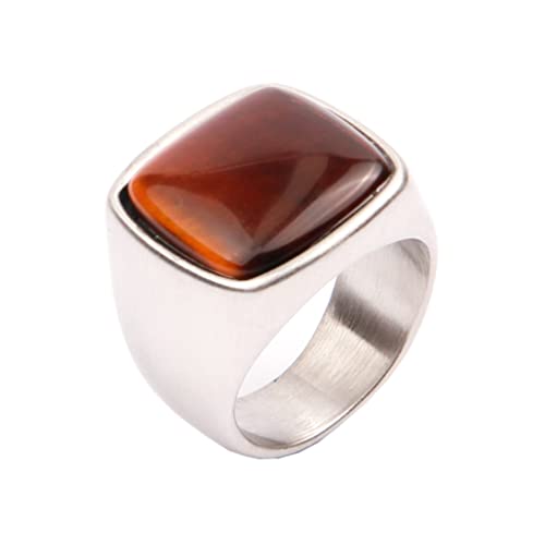 OAKKY Herren Persönlichkeit Vintage Mode Fest Kuppel Stil Quadrat Braun Edelstein Biker Ring Edelstahl Erklärung Ehering Silber Größe 52 (16.6) von OAKKY