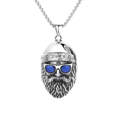 OAKKY Herren Retro Dominant Hip Hop Cool Dichter Bart Alte Männer Totenkopf Biker Anhänger mit Sonnenbrille und Kopftuch Halskette Edelstahl Blau von OAKKY