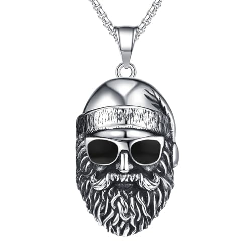 OAKKY Herren Retro Dominant Hip Hop Cool Dichter Bart Alte Männer Totenkopf Biker Anhänger mit Sonnenbrille und Kopftuch Halskette Edelstahl Schwarz von OAKKY