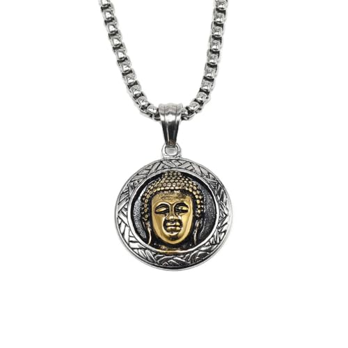 OAKKY Herren Retro Hip Hop Punk Rund Meditierender Buddha Kopf Dog Tag Anhänger Religiöse Amulette Schutzpatron Halskette Edelstahl Gold Ohne Kette von OAKKY